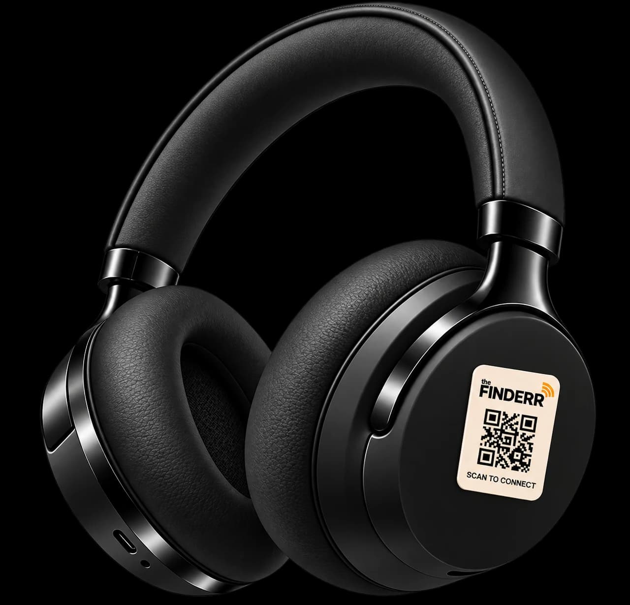 Headphones with a Finderr tag on the ear cup