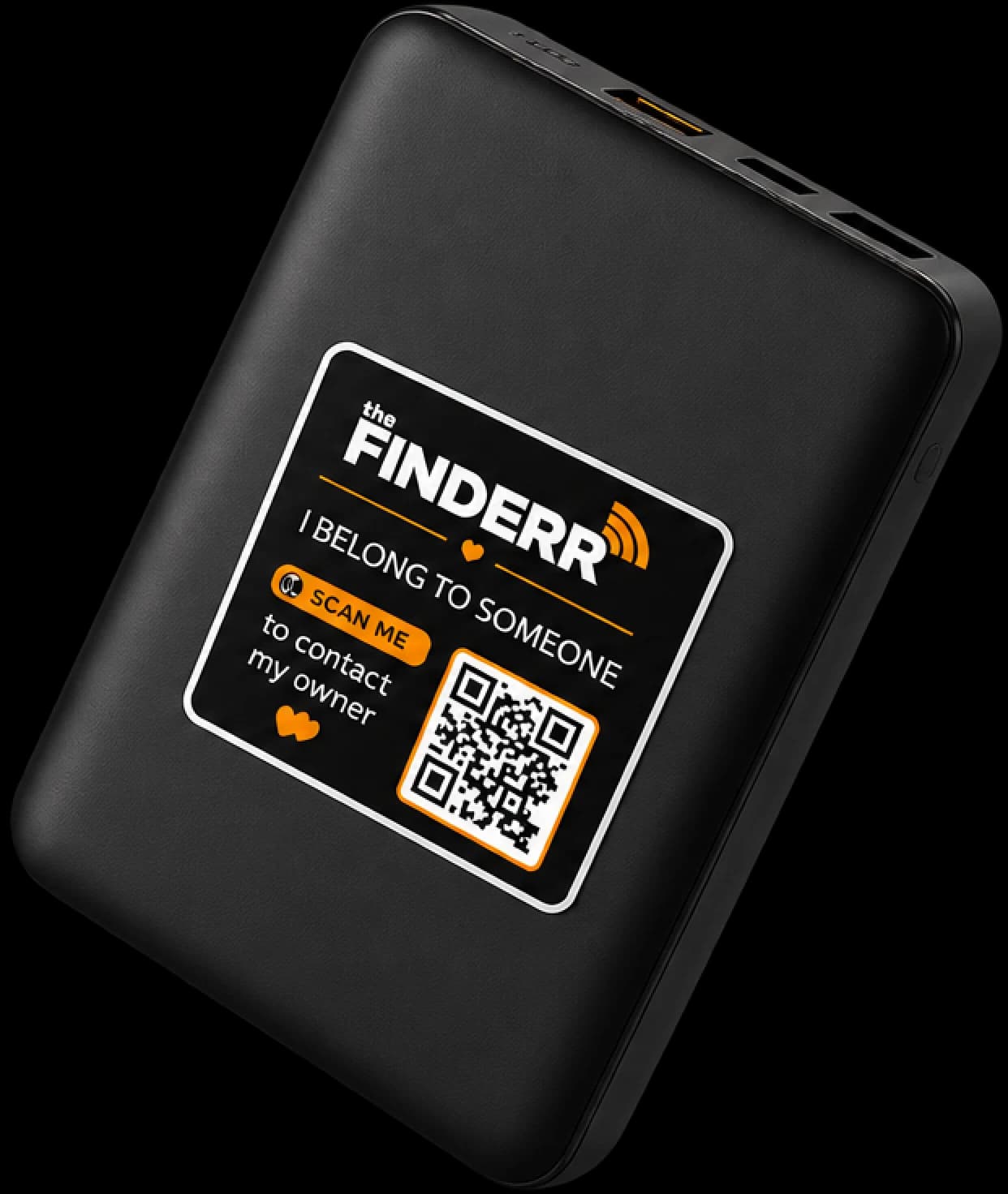 A power bank with a Finderr tag stuck to it